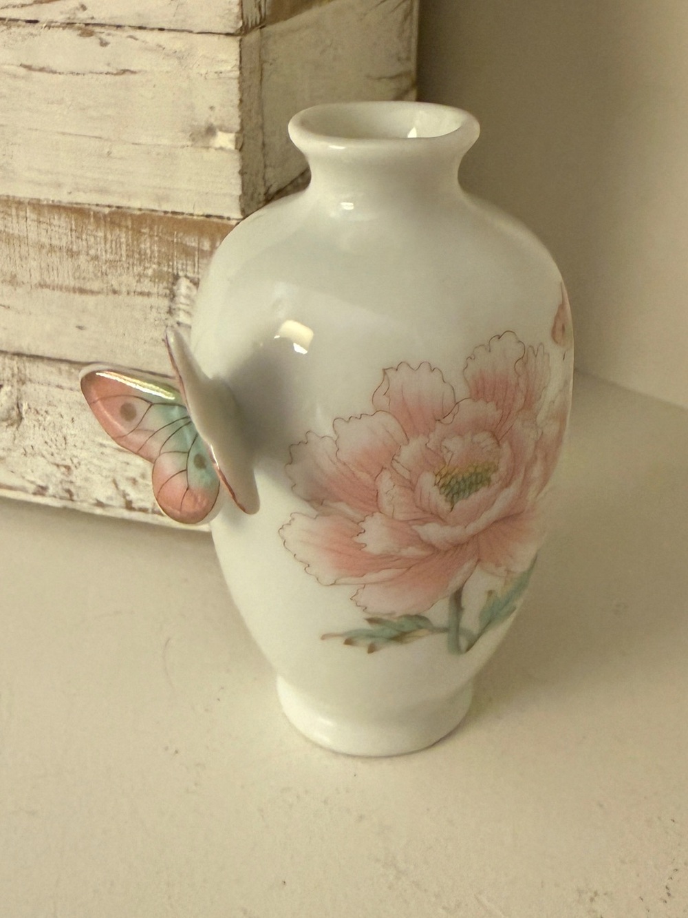 Vintage Japan Porcelain Butterfly Peony Bud Vase Applied 3D Floral 4.5”